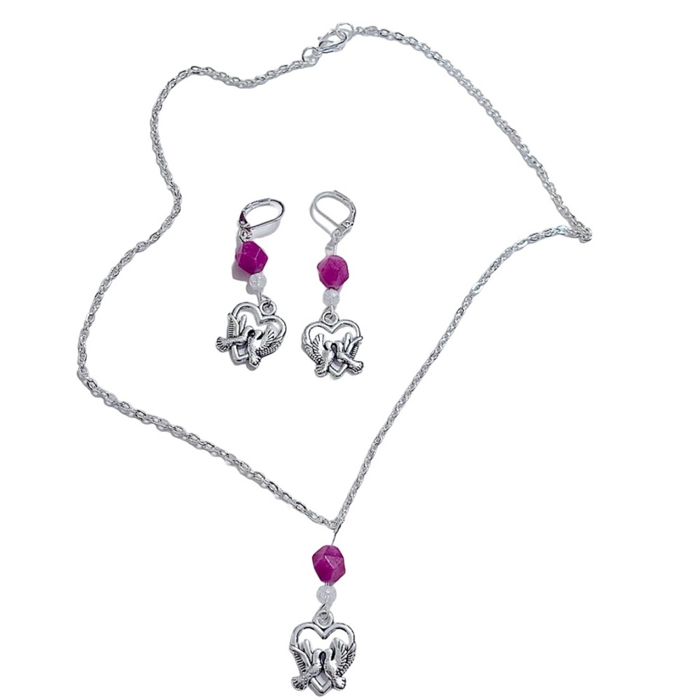 Clearance Sale SET Heart Lovebirds pink 925 silver earrings and necklace
